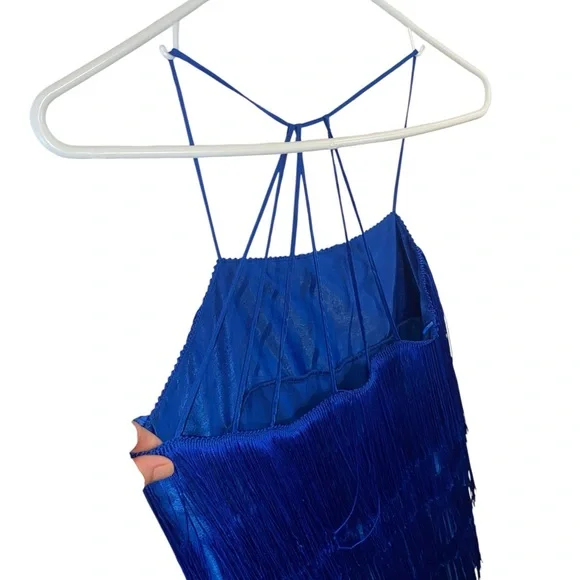 Zara Cobalt Blue Fringe Mini Dress Flapper western Festive Holiday Party Dress - Picture 7 of 9
